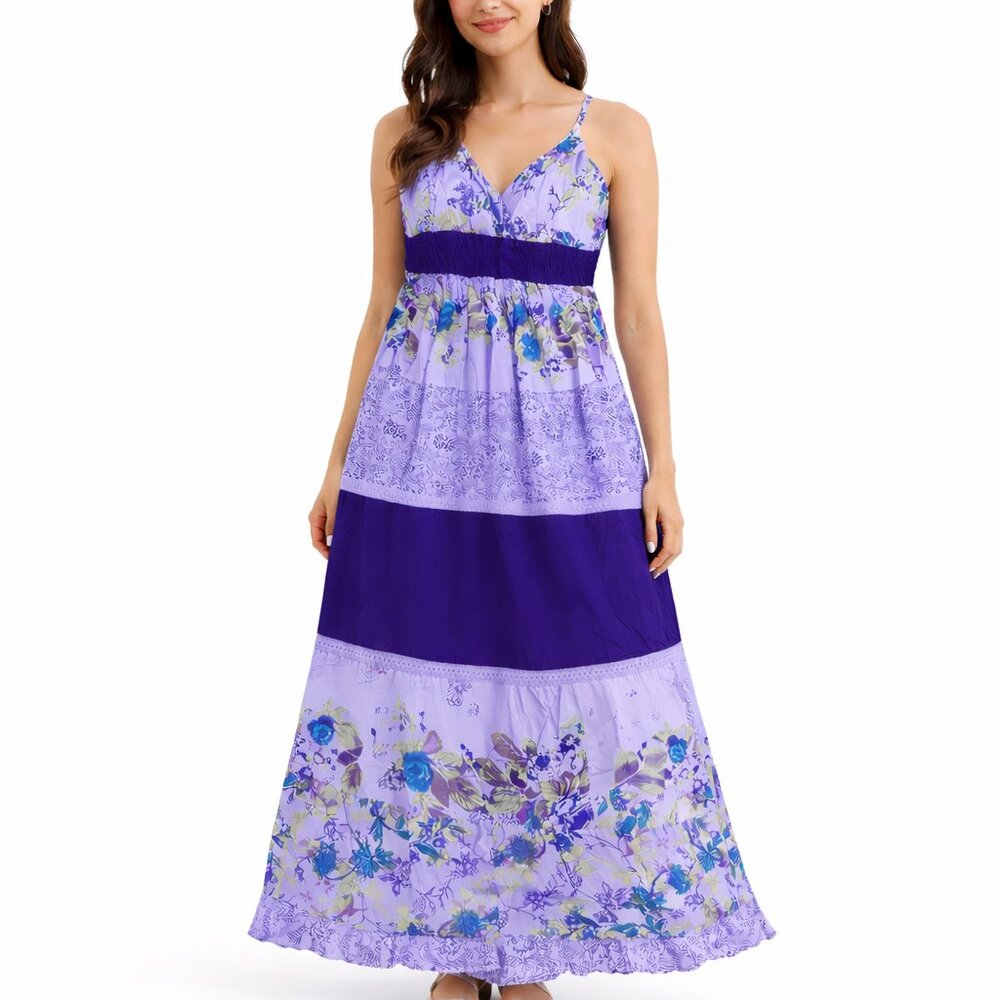 Women’s Long Maxi Dress 100% Cotton Boho Sleeveless V-Neck Empire Waist Summer